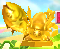Stone sculpture from Kirby: Planet Robobot, which is now gold and depicts Kirby holding a fish