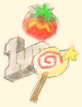 Illustration of a Maxim Tomato along with a 1-Up and an Invincible Candy from the true ending credits of Kirby 64: The Crystal Shards