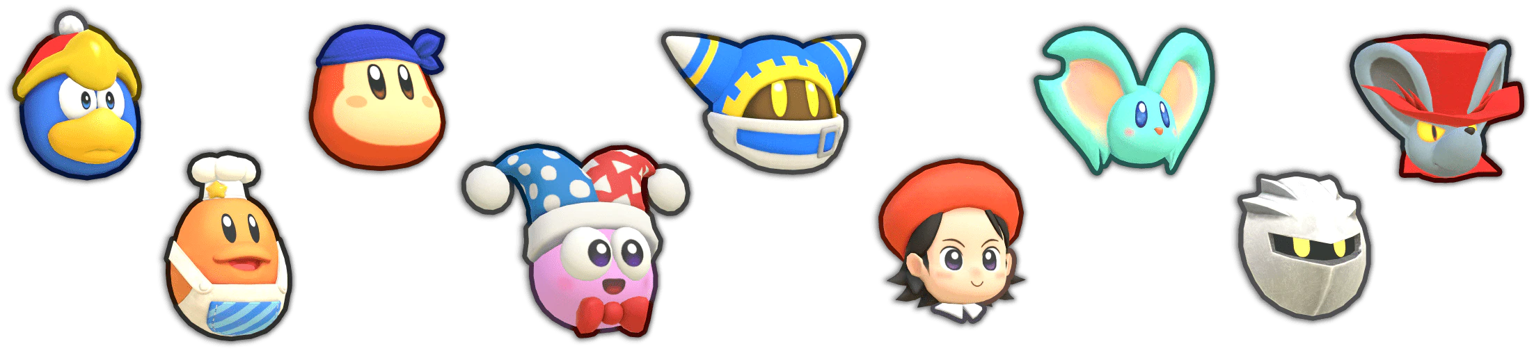 A sample of some of the Character Masks that you can collect in the game. The top row features masks based on King Dedede, Bandana Waddle Dee, Magolor, Efilin, and Daroach. The bottom row features masked based on Chef Kawasaki, Marx, Adeleine, and Meta Knight