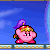 Kirby stands still with an arm raised, looking to his right.