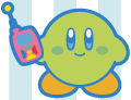 Green Kirby with his cell phone (blue outline)