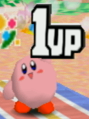 Kirby holding a 1-Up in the Bonus Game from Kirby 64: The Crystal Shards