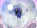 Kirby begins to freeze in a dry ice bowl.