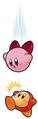 Kirby Super Star Ultra artwork of Kirby about to Dive Attack a Waddle Dee