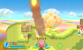 Kirby using a 3D Tilt Missile to clear away a blockade in the background