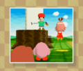 Kirby and friends encountering Adeleine, who is acting strangely