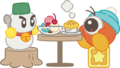 Artwork of Chilly and Waddle Doo for the Kirby Café, where Waddle Doo uses a Star Block as a seat