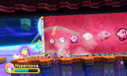 Kirby attempts to eat a scroll depicting his own history.