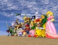 Group artwork of all 25 fighters from Super Smash Bros. Melee