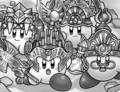 Team Kirby, including Sword Hero Kirby, equipped with the Abyssium Set, ready to battle, in Kirby: Super Team Kirby's Big Battle!