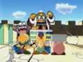 Tiff, Tuff, and Kirby interrupt King Dedede and Escargoon's wasteful energy usage.