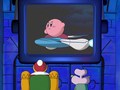 Kirby learning how to ride the Formula Star in Kirby: Right Back at Ya!