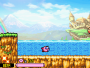 Kirby swims in a small pool. A Waddle Dee is about to join him.