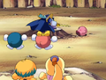Meta Knight engages Kirby in combat.