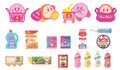 Artwork of various products from Kirby's Pupupu Market, featuring a Marx Brand candy bag