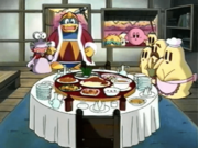 King Dedede and Escargoon are surprised at the presentation offered by Spikehead's family.