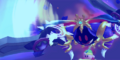 Main Mode credits picture from Kirby's Return to Dream Land, featuring Sword Kirby fighting Magolor in his second form