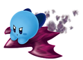 Artwork of Blue Kirby riding atop the Shadow Star from Kirby Air Ride