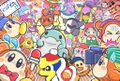 Illustration from the Kirby JP Twitter showing Claycia, Elline, and other art-related characters surprised at their creations coming to life