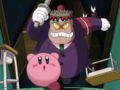 Rekketsu attacks Kirby with a bokken.