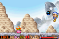 Kirby's health bar and a mid-boss's health bar at the bottom of the screen in Kirby: Nightmare in Dream Land.