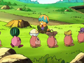 Kirby carrying a watermelon in line with some Waddle Dees