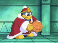 King Dedede holds Captain Waddle Doo as he sneezes.