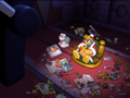 Escargoon finds the throne room a pig sty as Dedede snacks while watching T.V.