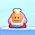 Kirby wearing the Chef Kawasaki Dress-Up Mask in Kirby's Return to Dream Land Deluxe