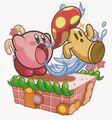 Alternate artwork of Kirby inhaling from Kirby no Copy-toru!, featuring a Cappy as the prey