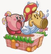 Artwork of Kirby inhaling from Kirby no Copy-toru!, featuring a Cappy as the prey.