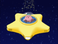 Kirby sleeps as his starship cruises in space.