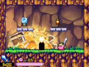 Sword Kirby inside the hideout of the Squeaks