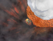 Tuff falls into the Booma-Dooma Volcano's caldera.