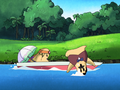 Samo falls out of a boat with Mabel after a sparrow attacks the two.