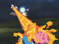 Kirby is struck by the flamethrower of the second rider.