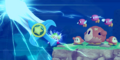Main Mode credits picture from Kirby's Return to Dream Land, featuring Ultra Sword Kirby attacking Waddle Dees, Bronto Burts, and a Puppet Waddle Dee