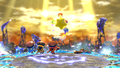 Kirby and his allies riding away on a Warp Star after redeeming The Three Mage-Sisters in Heroes in Another Dimension (Kirby Star Allies)