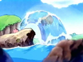 Kirby inhales both the watermelon and Chef Kawasaki out of the sea.