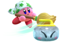 Cleaning Kirby sweeping Rocky up into a curling stone from Kirby Star Allies