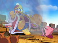 Kirby inhales King Dedede's hammer.