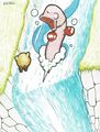 Twinkle Popopo concept art of "Silk Falls", featuring an eel with boxing gloves near a waterfall