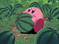 Kirby eats a watermelon.