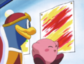 King Dedede and Kirby admire a background that looks like it was painted with condiments.