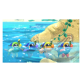 Guest Star ???? Star Allies Go! credits picture from Kirby Star Allies, featuring four Bio Sparks swimming