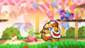 Chapter 5 credits picture from Kirby Fighters 2, featuring a blue Kirby cheering on Kirby and King Dedede