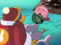 Kirby returns from the "dead" to eat a watermelon that Dedede left for him.