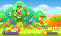 Two Kirbys facing off in Flower Land, in Kirby Fighters Deluxe