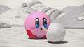 Kirby looks on in despair at his colorless apple.