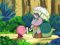 Kirby meets Escargoon's mother and hands her a letter from her son.
